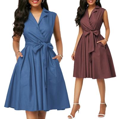 China Solid Color Polo Collar Sleeveless Summer Dress Anti-Static Women Plus Size Midi Casual Dress With Pockets for sale