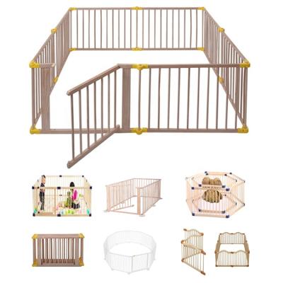 China Easy Assembly Solid Pine Wooden Baby Playpen 8 Corner With Door for sale