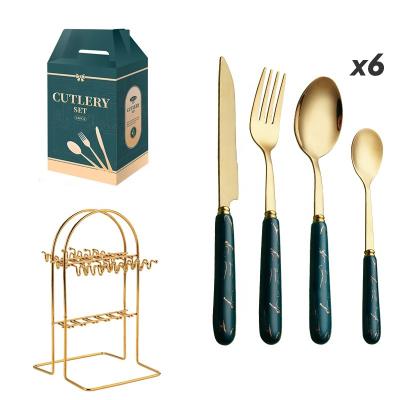 China Sustainable New Arrival Ceramic Handle Luxury 24pcs Flatware Sets with Box Holder Stainless Steel Cutlery Set for sale