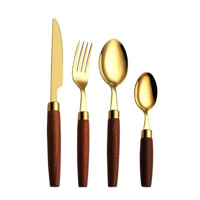 China Sustainable Retro High Quality 18 10 Stainless Steel Cutlery Set Silverware Wooden Handle Flatware for sale