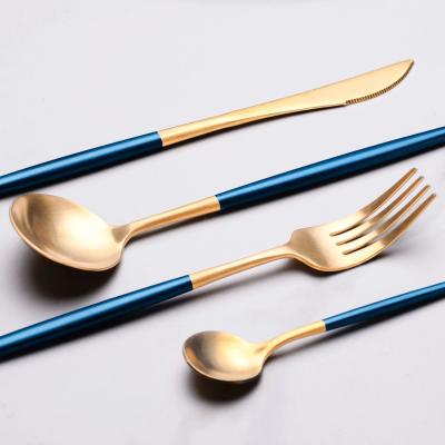 China Sustainable Limited Modern Steel Tableware Blue Matte Gold Flatware Set Stainless Steel Cutlery for sale