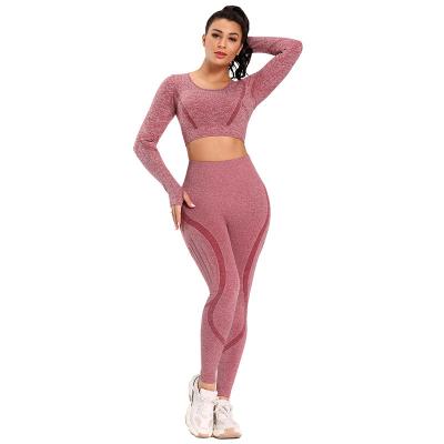 China 2pcs Womens Yoga Set Sport Suit Gymwear Breathable Seamless Workout Clothes Gym Crop Top Long Sleeve High Waist Leggings Fitness Sports Wear for sale