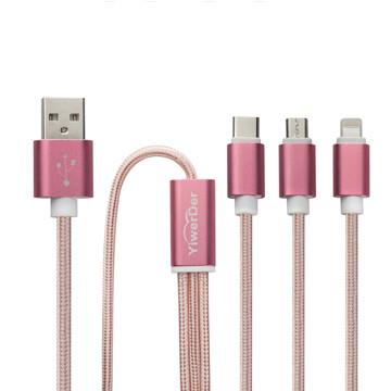 China Rose Gold Usb cable, lightning Micro Type C 3-in-1 Nylon Braided USB Fast Charging Cable Cord for sale