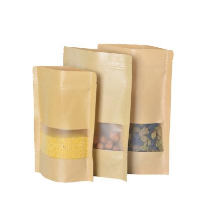 China 14*20+4 Recyclable Self Supporting Kraft Paper Zipper Dried Fruit Bag Frosted Transparent Window Food Bag for sale