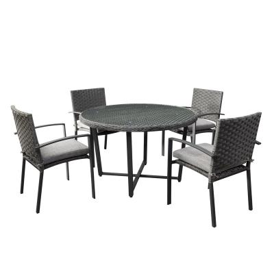 China Durable 5 Piece Wide Rattan Wicker Patio Dining Set - Outdoor Stackable Chair With Textured Cushions Round Table for sale