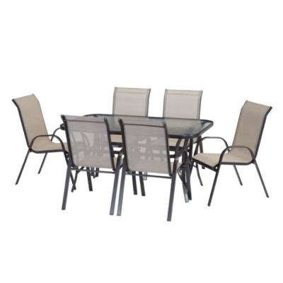 China Eco-freindly Patio 7 Piece Dining Set, Aluminum Outdoor Sling Garden Furniture Set, Glass Sling Chair Table With Cushion for sale