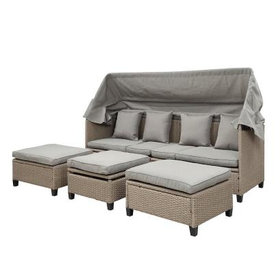 China Modern Rattan Sofa Seating Group With Cushions, Outdoor 4 Piece Patio Furniture Rectangle Daybed With Retractable Canopy for sale