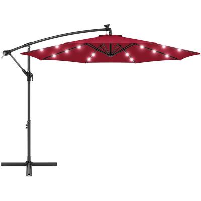 China Traditional 10ft LED Solar Netting Light Offset Polyester Market Outdoor Hanging Patio Umbrella with 8 Ribs and Easy Tilt Adjustment for sale