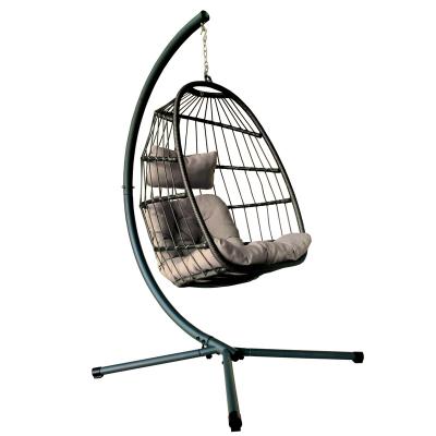 China Small Space Indoor Patio Egg Swing Hanging Chair with Stand, Outdoor Garden Furniture Wicker Rattan Swing Chair Hammock Chair with Cushion for sale