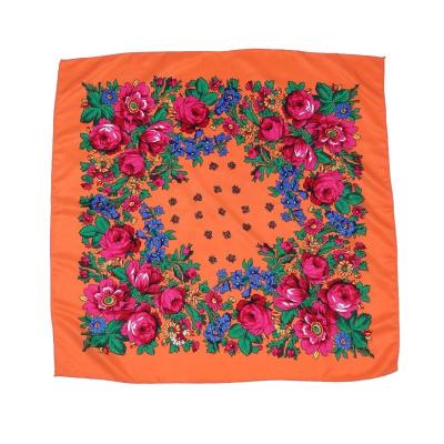 China Unique Polyester Muffler Headwrap Lady Print Flowers Cotton Feeling Acrylic Square Russian Scarf for sale