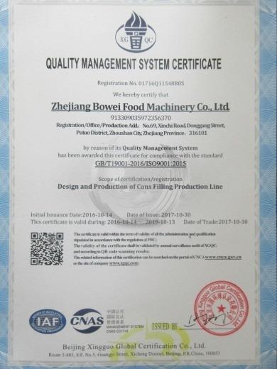 ISO9001 - Zhejiang Bowei Food Machinery Co., Ltd.