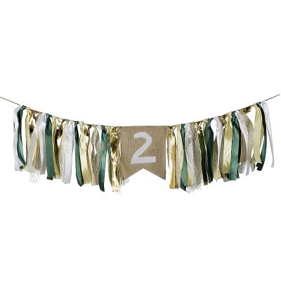 China Garland Cake Smash Photo Gold Green S00279 Baby Satin Umpire Chair Banner Satin and Room Cloth Flag Theme Birthday Party Cloth Party Decoration for sale