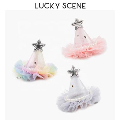 China Star Gauze Stereo Crown Children Hairpin Party Hat Birthday Princess Baby S00898 Pearl Star Gauze/Alloy for sale