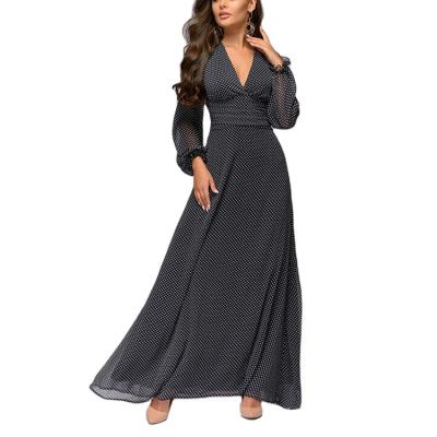 China Sale Women's Long Dress Polka Dot Printed Chiffon Breathable Warm Vintage V-Neck Plus Size Casual Maxi Dress for sale