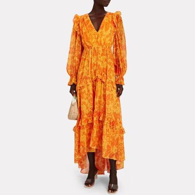 China Fashion Breathable Waist V Neck Vacation Style Sunset Color Maxi Dress Yellow Ruffle Elastic Beach Cover Up Beach Wear Dresses for sale