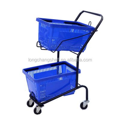 China Unfolding China Supplier 2 Tier Grocery Cart / Plastic Double Baskets Shopping Trolley For Sale for sale