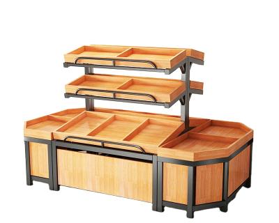 China Supermarket equipment fruit and vegetable display rack popular steel wooden double-sided fruit vegetable display stand for sale for sale