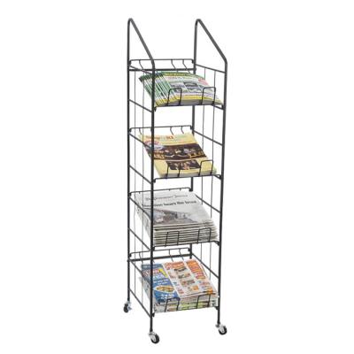 China Custom Light Duty Metal Black Book Shelves Wire Newspaper Rack Magazine Tabloid Display Racks With Wheels for sale