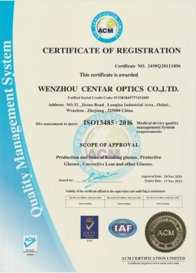 ISO13485 - WENZHOU CENTAR OPTICS CO.,LTD