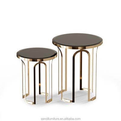 China Vacuum Champagne Mirror Gold Plated Stainless Steel Base Glass Top Side Table for sale