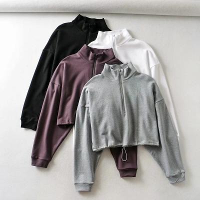 China Custom Made Autumn 2020 Women's Half Sleeve Zipper Stand Collar Hoodie Breathable Loose Drawstring Long Blouse for sale