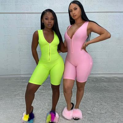 China Color Antibacterial Neon Fluorescence Suspended Pants Clubwear Women One Piece Short Romper Female Overalls for sale