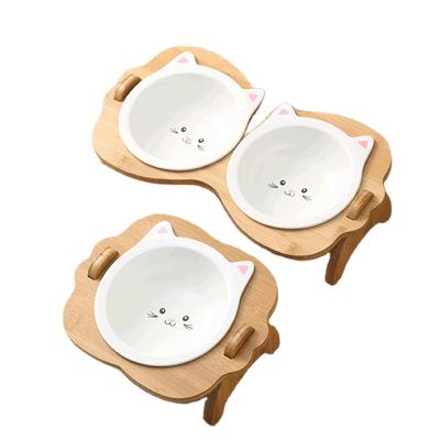 China Wholesale Viable No Puddle Raised Ceramic Dog Pet Bowl With Stand Food Bowl Double Sublimation Chat Raised Cat Food Bowl for sale