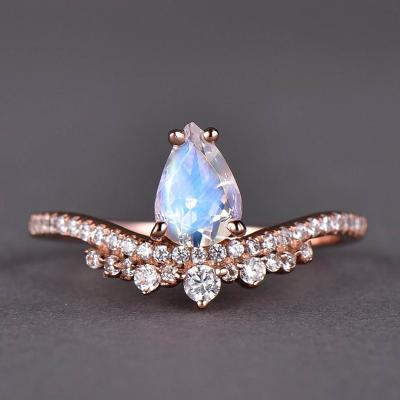 China Teardrop Stone Ring Crown Sterling Silver Zircon Ring Teardrop Moonstone Ring Wholesale Jewelry Light Blue Moonstone Ring for sale