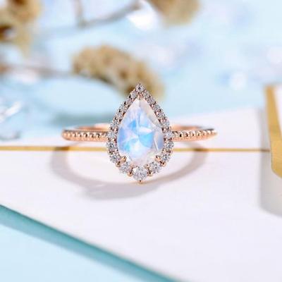 China Light Blue Stone Ring Sterling Silver Zircon Ring Teardrop Moonstone Ring For Ladies by Moonstone Ring For Ladies Wholesale Jewelry for sale