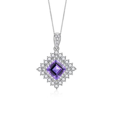 China New Design Jewelry Sterling Silver Amethyst Pendant Natural Amethyst Square Halo Square Amethyst Pendant CZ for sale