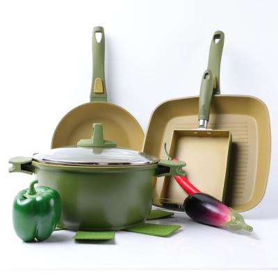 China Sustainable Green Aluminum Cookware Amercook Pots And Pans Set Non Stick Non Stick Cookware Set for sale