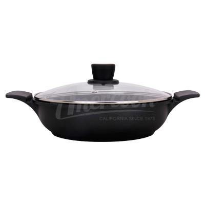 China Home Cookware Sustainable Stocked Black Chicken Cooking Round Cast Aluminum Low Pan With Glass Cover for sale