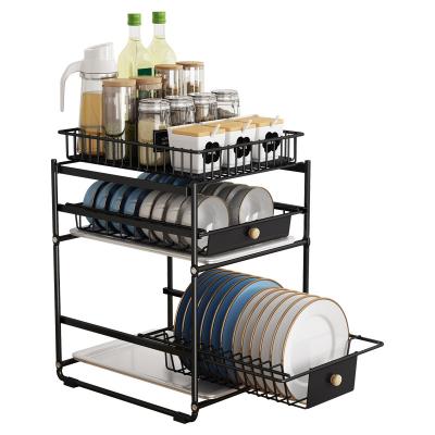 China Metal Minimalist Rack Applicable Kitchen 3 Layers Dish Drying Pull Out Slide Out Spice Kitchen Storage Rack for sale