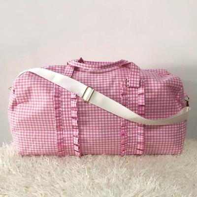 China Wholesale Fashion Kids Pink and Purple Cotton Seersucker Travel Large Tote Bag Lace Portable Handbag Cylinder Overnight Sailor Bag for sale