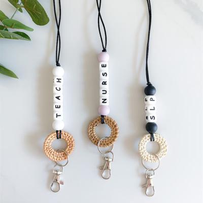 China Fashion Bohemian Hand & Woven Rattan Custom Silicone Badge Holder Lanyard Necklace For Teacher Nurse Gift Letter Woven Key Chain for sale