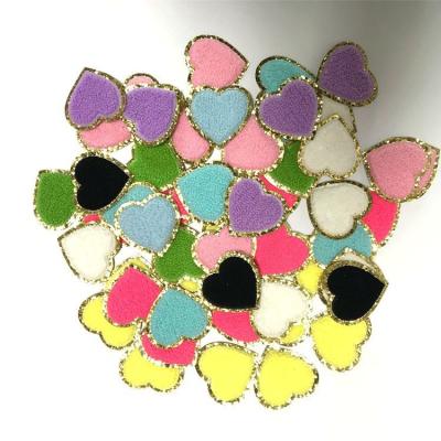 China Other Custom Chenille Embroidery Patches With Gold Edge Multicolor Rainbow Lightning Heart Iron Backing Chenille Patches For Bags for sale