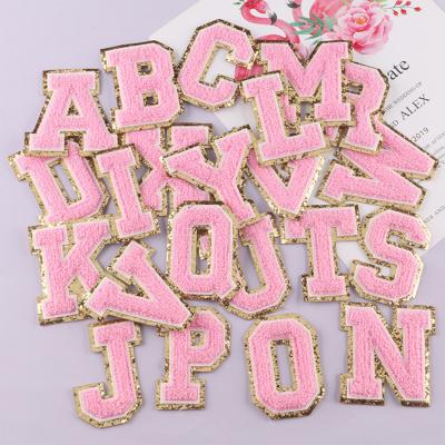 China Other Pink with Gold Glitter Sharpen A-Z 26 English Letter Iron On Adhesive Alphabet Seam Repair Applique Apparel Chenille Patches for sale