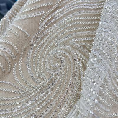 China OEM Custom Made French Silver Beaded Crystal Full Lace Sequin Lace Dress Wedding Fabric 3-5mm Highly Sequin for sale