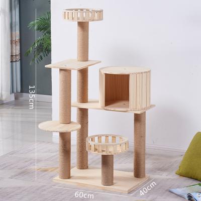 China Sustainable Pure Wooden Large Cat Tree Interactive Cat Tower Cat Scratching Tree for sale