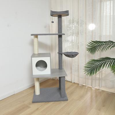 China Sustainable Fashion Viable Gray Wooden Cat Tree House Multifunctional Cat Tree Tower for sale