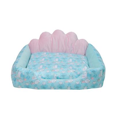 China Wholesale Viable Pet Beds Princess Wind Blue Shell Square Plush Dog Sleep Short Nest Fashion Print for sale