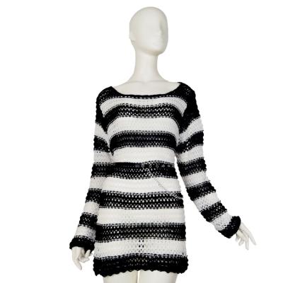 China New Lady Hollow Out Fashion Breathable Female Loose Casual Striped Dress Long Sleeve Sweater Knit Long Sweaters Street Pullovers OEM Service for sale