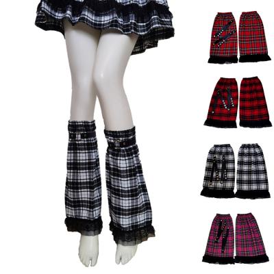 China Soft Polyester Girl Plaid Leg Warmer With PU Strap Lady Casual Outdoor Long Sock Covers Jk Student Y2k Style Black Lace Leg Warmers for sale