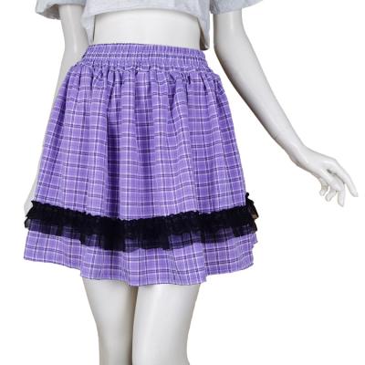 China Breathable Purple Plaid Pleated Mini Skirt Summer 2022 Korean Fashion Clothes Empire Waist Women Skirts A-Line Elastic Casual Sweet Lace JK for sale