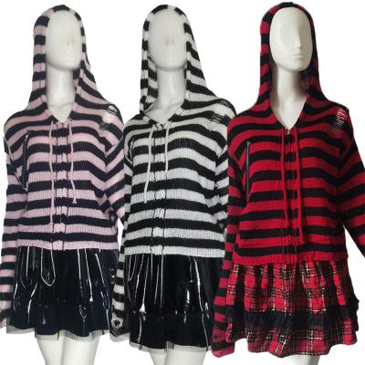 China Y2K Breathable Style Female Short Length Striped Hooded Sweater Gothic Women Ripped Long Sleeve Zipper Knit Cardigan Sweaters Red White Pink for sale