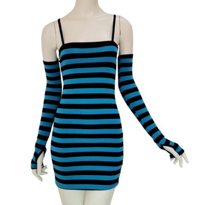 China Washable Sexy Female Skinny Stripe Mini Dresses With Mittens 2022 Club Vestidos Y2k Fuchsia Girl Striped Blue Sleeveless Backless Casual for sale