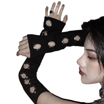 China Custom Length 2022 Female Punk Style Large Eyelet Oversleeve Lady Hollow Out Shining Metal Circle Black Arm Warmer Elbow Stretchable Length New for sale