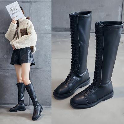 Κίνα Cowhide boots women 2021 autumn and winter plus velvet new high tube stretch thin lace-up rear zipper knight boots προς πώληση