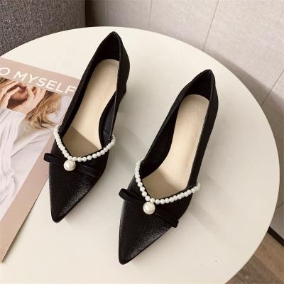 China Pearl bow single shoes women 2021 new Korean version of thick and pointed high heels retro wine red satin wedding shoes for sale