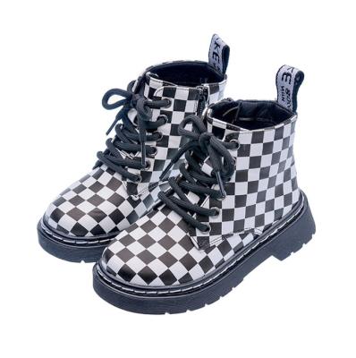 China tactical checkered printed leather combat winter boots for kids children for sale